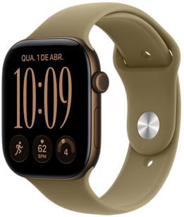 Apple Watch Series 12 com caixa bronze-escura de alumínio e pulseira esportiva oliva (verde terroso) com fecho em forma de pino (pino prateado), Digital Crown, microfone e botão lateral no lado direito