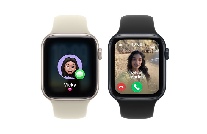 Apple Watch SE 3 com caixa estelar e meia-noite de alumínio e pulseira esportiva areia (bege-clara) e preta mostram um Memoji e uma chamada recebida na tela. A Digital Crown aparece na lateral direita