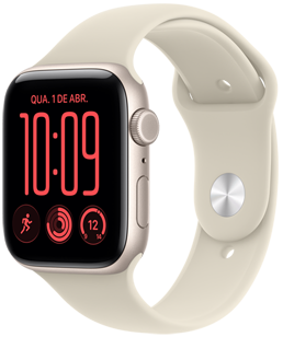 Apple Watch SE 3 com caixa estelar de alumínio e pulseira esportiva areia, mostrador Modular, complicações: dia e data, Exercícios, círculos de Atividade, temperatura. Na lateral direita externa, a Digital Crown e o botão lateral