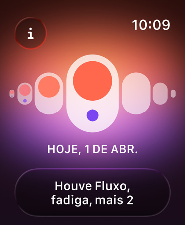 Acompanhamento de Ciclo no app Saúde, com pontos laranjas e roxos destacando diferentes sintomas da menstruação