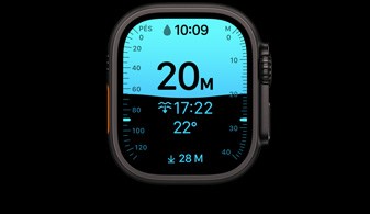 Apple Watch Ultra 4 com caixa preta de titânio, app Profundidade mostrando métricas de mergulho, Digital Crown no lado direito, botão lateral elevado