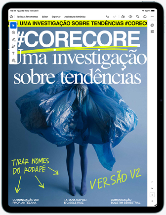 Parte da frente do iPad Air mostrando o Adobe Acrobat PDF Reader com um projeto de design em andamento