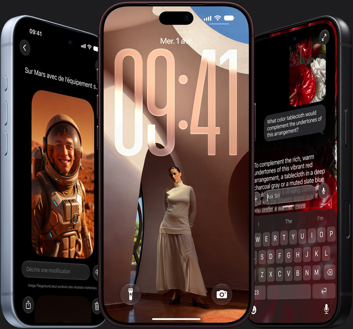 Siri A I, iPhone 18 Pro à gauche, face arrière, couleur argent pâle; iPhone 18 Pro au centre, affichant un clavier et Siri qui fournit de l’information sur une balle de cricket; iPhone 18 Pro Max noir à droite, avec Siri qui fournit une recette