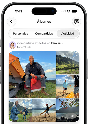 En un iPhone, la pantalla de Álbumes con la pestaña Actividad seleccionada muestra un Álbum Compartido con fotos de un viaje familiar a Hawái