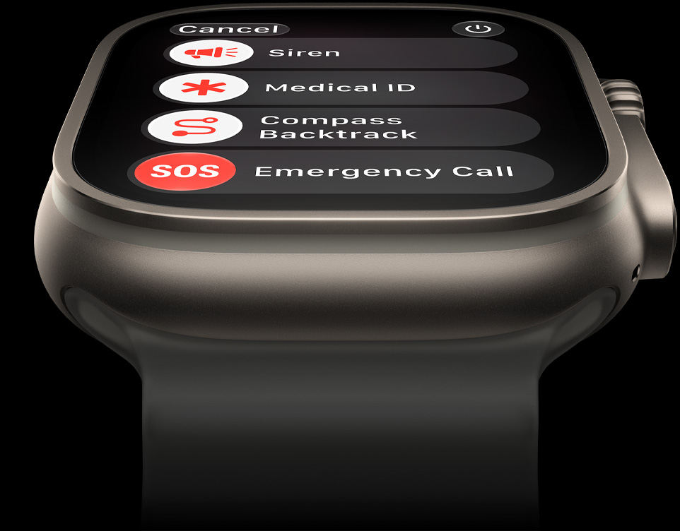 Apple Watch Ultra 4, pouzdro z černého titanu, připojení přes satelit, průsvitně šedý Oceánský řemínek