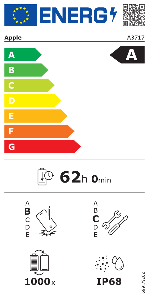 QR kód a informace na energetickém štítku EU, model Apple A3717, třída A, třídy energetické účinnosti (se stupnicí od A do G), A (nejvyšší účinnost) až G (nejnižší účinnost), výdrž baterie na jeden cyklus, 62 hodin a 0 minut na plné nabití baterie, třída spolehlivosti při opakovaném volném pádu B, A (nejvyšší odolnost) až E (nejnižší odolnost), třída opravitelnosti C, A (nejlepší opravitelnost) až E (nejhorší opravitelnost), životnost baterie 1000 cyklů, stupeň ochrany proti vniknutí prachu a vody (IP) IP68, nařízení 2023/1669