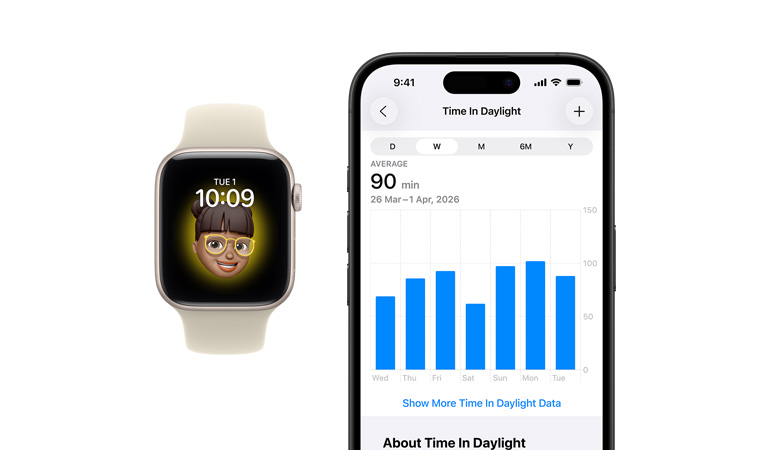 Apple Watch SE, bílý sportovní řemínek, pohled zepředu, na displeji jsou Hodiny, Memoji, vedle je iPhone 16 zepředu, na displeji je Zdraví, graf Doba na denním světle