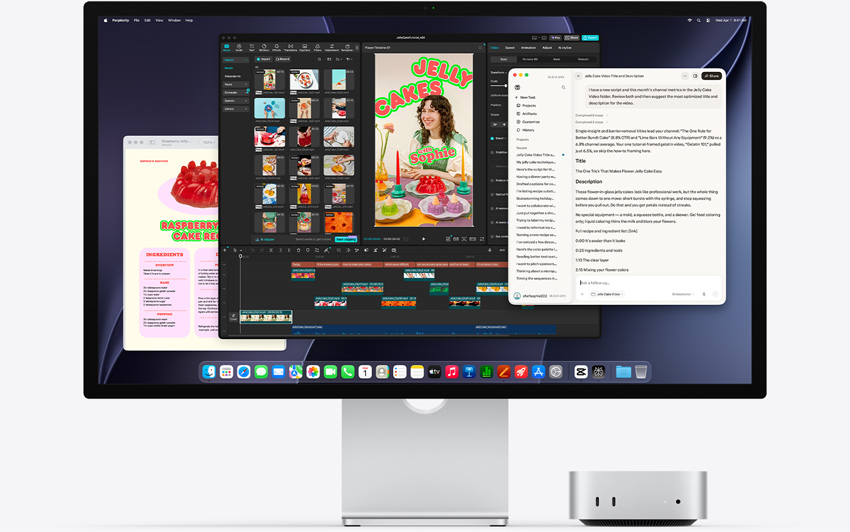 Mac mini zepředu, zastrčený pod Studio Displayem, na obrazovce je prostředí macOS a v něm aplikace Perplexity Personal Computer, CapCut a Pages