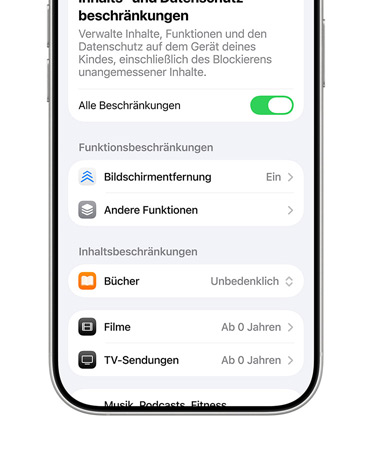 Ein iPhone zeigt Inhalte und Optionen für Beschränkungen der Privatsphäre für Kinderaccounts an.