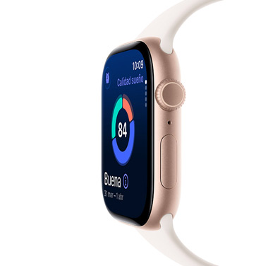 Vista lateral de un Apple Watch Series 11 con caja de aluminio en oro rosa con información de calidad del sueño y otros datos dinámicos en la pantalla.