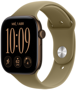 Apple Watch Series 12, caja de aluminio, color bronce oscuro, esfera Modular Compacta, complicaciones: fecha y día, entreno Correr, frecuencia cardiaca, disposición, lateral derecho, Digital Crown, botón lateral, correa deportiva, color verde oliva