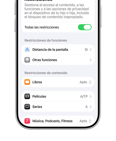 Un iPhone muestra opciones de contenido y restricciones de privacidad de una Cuenta Infantil.