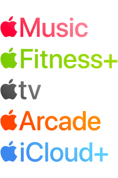 Loghi dei servizi Apple che richiedono un abbonamento, tra cui Apple Music, Apple TV, Apple Arcade, iCloud+