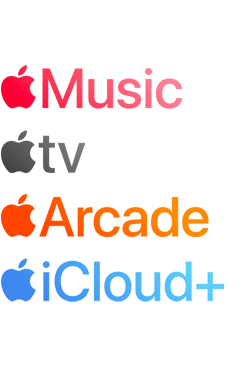 Logotypes des services Apple par abonnement, notamment Apple Music, Apple TV, Apple Arcade, iCloud+