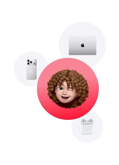 An iPhone 18 Pro in Silver colour, a MacBook in Silver colour and AirPods Pro 3 surrounding a Memoji of a person winking