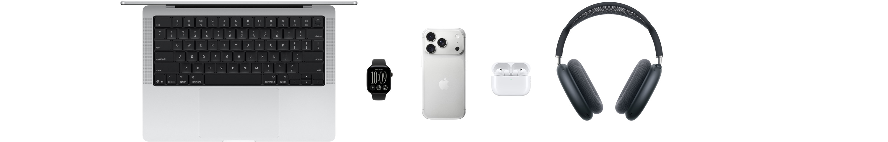Various Apple products, including a MacBook, an Apple Watch Series 11, an iPhone 17 Pro, AirPods Pro 3 and AirPods Max
