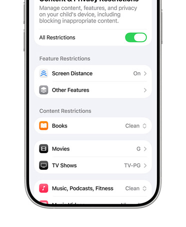 En iPhone som visar innehåll och inställningar för integritetsskydd för ett barnkonto.