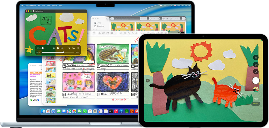 Un Mac et un iPad affichant une présentation créative avec des animaux texturés, pour illustrer la polyvalence des appareils