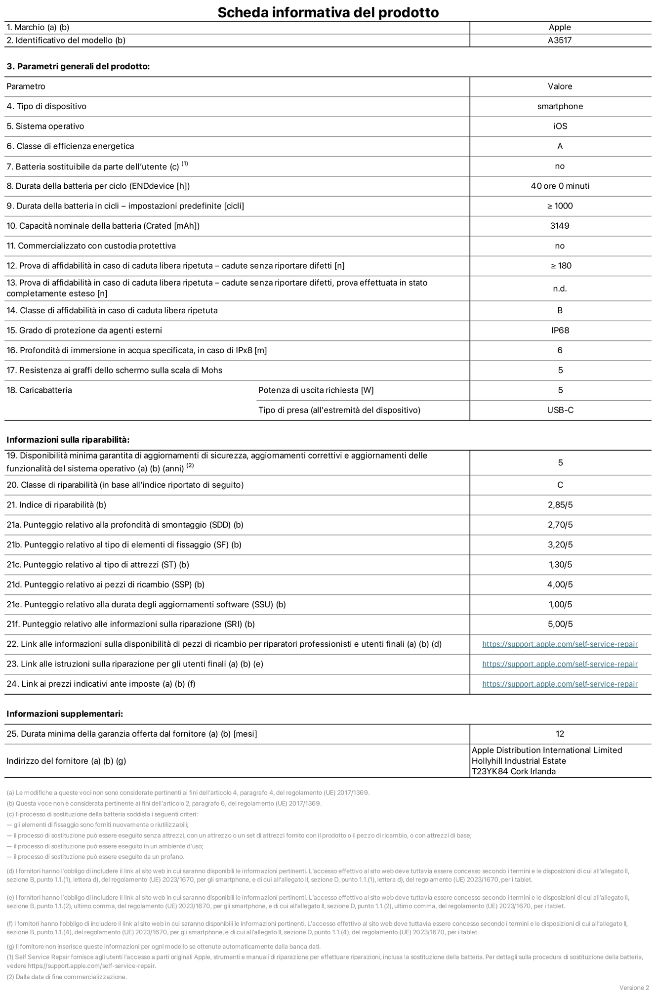 Scheda informativa del prodotto per iPhone Air, modello A3517. Fornito da Apple Distribution International Limited, Hollyhill Industrial Estate, T23 YK84, Cork, Irlanda. Tipo di dispositivo: smartphone. Sistema operativo: iOS. Classe di efficienza energetica: A. Batteria sostituibile da parte dell’utente: no. Durata della batteria per ciclo: 40 ore. Durata della batteria in cicli (impostazioni predefinite): maggiore o uguale a 1000. Capacità nominale della batteria: 3149 milliampere-ora. Commercializzato con custodia protettiva: no. Prova di affidabilità in caso di caduta libera ripetuta (cadute senza riportare difetti): maggiore o uguale a 180. Prova di affidabilità in caso di caduta libera ripetuta (cadute senza riportare difetti, prova effettuata in stato completamente esteso): non disponibile. Classe di affidabilità nel caso di caduta libera ripetuta: B. Grado di protezione da agenti esterni: IP68. Profondità di immersione in acqua specificata, in caso di IPx8: 6 metri. Resistenza ai graffi dello schermo sulla scala di Mohs: 5. Potenza di uscita richiesta per il caricabatterie: 5W. Tipo di presa per il caricabatterie (all’estremità del dispositivo): USB-C. Disponibilità minima garantita di aggiornamenti di sicurezza, aggiornamenti correttivi e aggiornamenti delle funzionalità del sistema operativo: 5 anni. Classe di riparabilità: C. Indice di riparabilità: 2,85 su 5. Punteggio relativo alla profondità di smontaggio (SDD): 2,70 su 5. Punteggio relativo al tipo di elementi di fissaggio: 3,20 su 5. Punteggio relativo al tipo di attrezzi: 1,30 su 5. Punteggio relativo ai pezzi di ricambio: 4,00 su 5. Punteggio relativo alla durata degli aggiornamenti software: 1,00 su 5. Punteggio relativo alle informazioni sulla riparazione: 5,00 su 5. Link alle informazioni sulla disponibilità di pezzi di ricambio per riparatori professionisti e utenti finali: https://support.apple.com/it-it/self-service-repair. Link alle istruzioni sulla riparazione per gli utenti finali: https://support.apple.com/it-it/self-service-repair. Link ai prezzi indicativi ante imposte: https://support.apple.com/it-it/self-service-repair. È prevista una garanzia generale di 12 mesi.