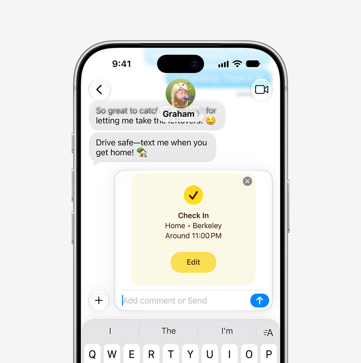 iPhone screen showing Messages thread with Check In feature in use