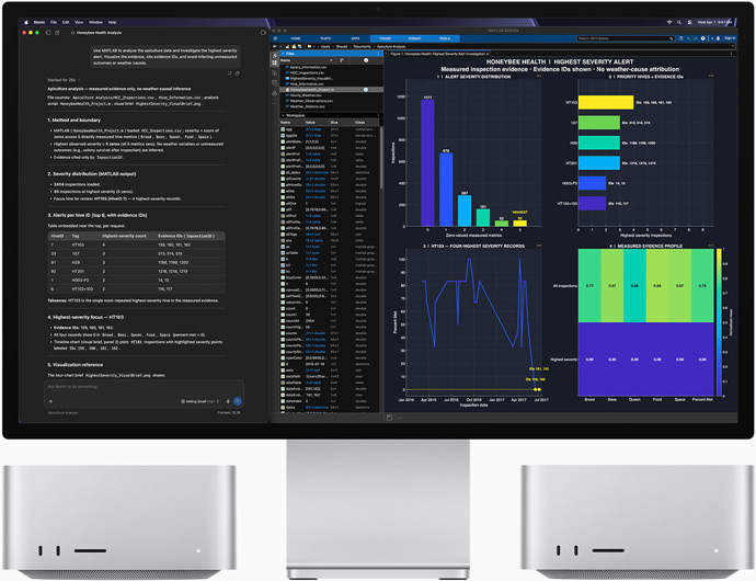 Studio Display XDR, näytöllä näkyy tietoja mehiläisten terveydestä LM Studio Bionicissa ja MATLABissa, Mac Studio edestä