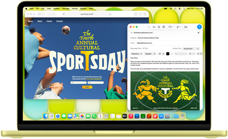 MacBook Neo, Farbe Zitrus, eine Person tippt auf der Tastatur und verfasst eine E-Mail Einladung zu einem Sportevent, die Website für das Event wird daneben angezeigt