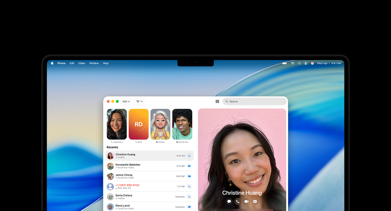 MacBook Pron näytöllä näkyy Puhelin-appi.