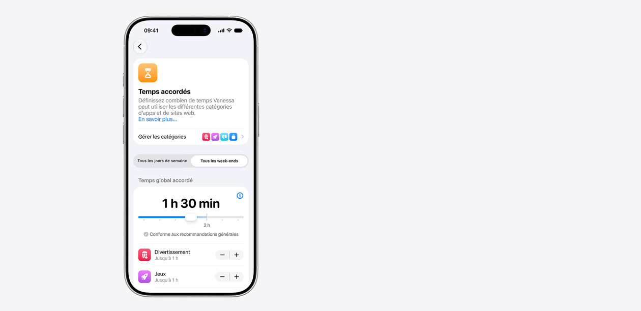 iPhone affichant l’interface Limite de temps, avec une limite quotidienne partagée de deux heures et trente minutes et des suggestions de limites pour des catégories d’apps comme Divertissement, Jeux et Réseaux sociaux
