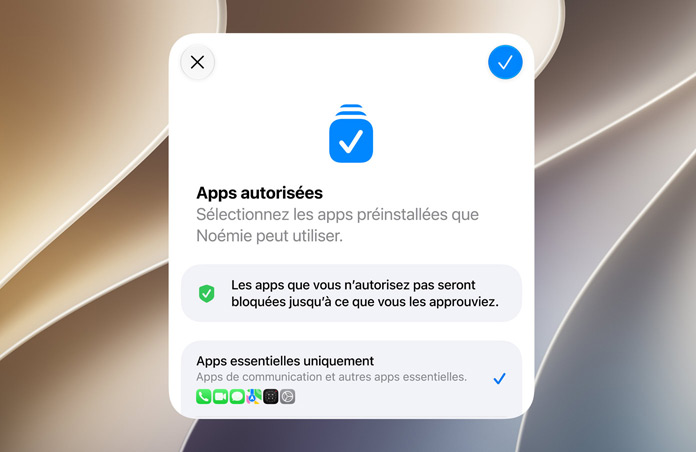 Écran de l’Assistant réglages affichant la possibilité de consulter et d’approuver des apps pour un compte Enfant.