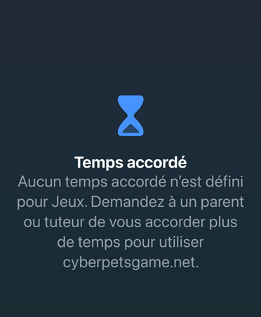 Écran Temps accordé indiquant que la limite pour les jeux est atteinte, avec la possibilité de demander plus de temps.