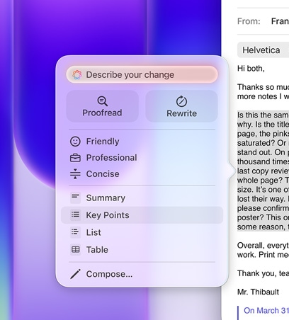 Εργαλεία συγγραφής σε χρήση, επισήμανση μεγάλης παραγράφου κειμένου σε ένα email, το μενού Εργαλεία συγγραφής εμφανίζει επιλεγμένη την επιλογή Βασικά Σημεία, με εικονίδιο λίστας με κουκκίδες