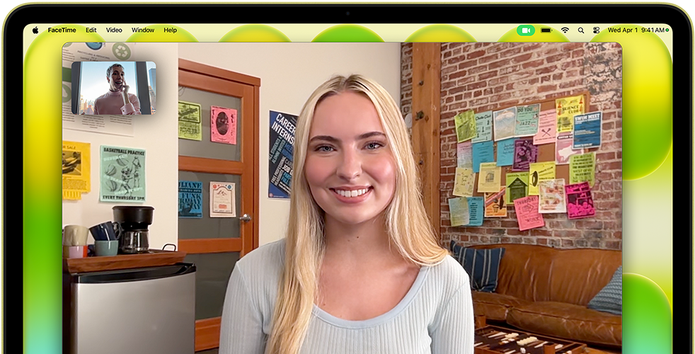 MacBook Neo, σε χρώμα κίτρο, κάμερα τοποθετημένη πάνω από την οθόνη, βιντεοκλήση FaceTime στην οθόνη