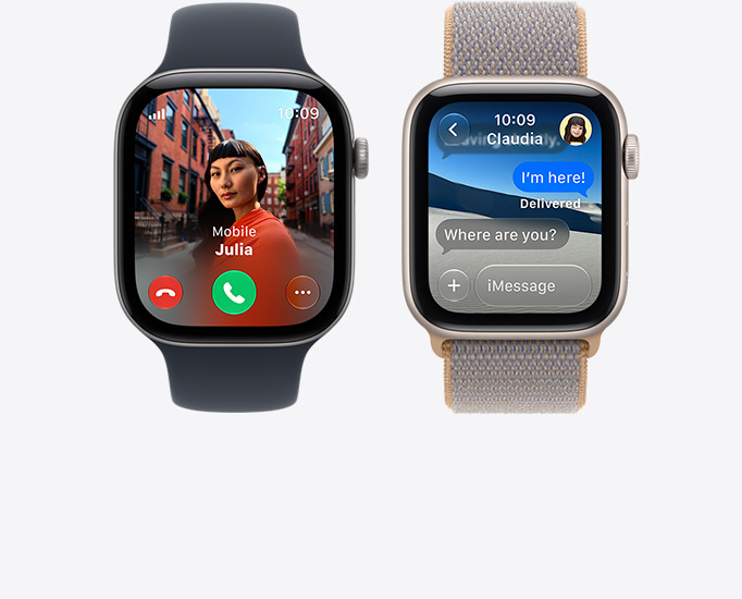 Apple Watch Series 12 devices, screens: incoming call, contact photo, accept and decline call buttons, iMessage conversation, connected to Sport Band, black color, Sport Loop, chambray blue color (light blue-gray)