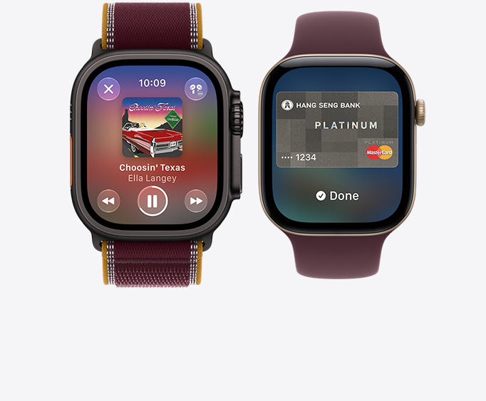Apple Watch Ultra 4，黑色鈦金屬錶殼，配搭布根地紅色越野手環錶帶，螢幕顯示 Apple Music app 的「播放中」畫面；Apple Watch Series 12，淺金色鋁金屬錶殼，配搭布根地紅色運動手環錶帶，螢幕顯示 Apple Pay 畫面和 Apple Card