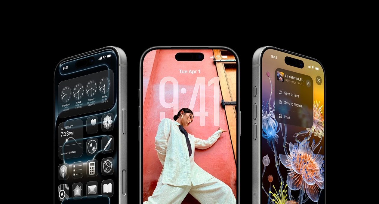 Prednji prikaz vanjskog izgleda modela iPhonea 17 Pro, poredanih jedan pokraj drugoga, a na kojima je demonstriran rad značajki svjetski sat, zaključan zaslon iOS 26 sustava i spremanje bilješki u aplikaciji bilješke