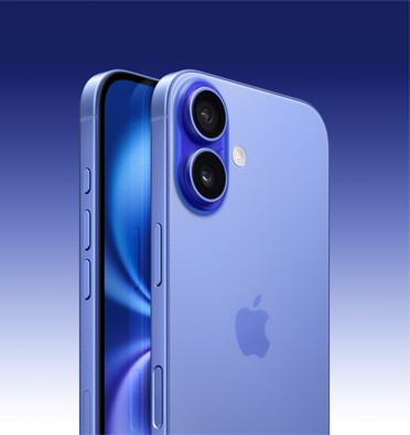 iPhone 16 u boji ultramarin s djelomičnim prikazom zaslona, a bočni kut prikazuje – Tipku postupka, tipku za glasnoću i bočnu tipku. Stražnja strana prikazuje napredni sustav dvostruke kamere u gornjem lijevom kutu.