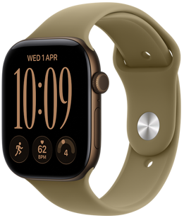 Apple Watch Series 12, sötét bronzszínű alumíniumtokkal, Digital Crown forgatógombbal a tok jobb oldalán, mikrofonnal, oldalsó gombbal, olívaszínű (földzöld) sportszíjjal és ezüstszínű bújtatós rögzítővel (ezüstszínű rögzítő)