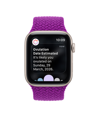 Apple Watch Series 12, asztroszürke alumíniumtok, peteérés becsült dátumával kapcsolatos értesítés, magenta fonott körpánt