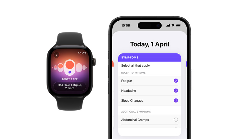 Apple Watch Series 12, natúr titántok, fekete sportszíj, Cikluskövetés app, a napi tünetválasztó meg van nyitva egy párosított iPhone-on
