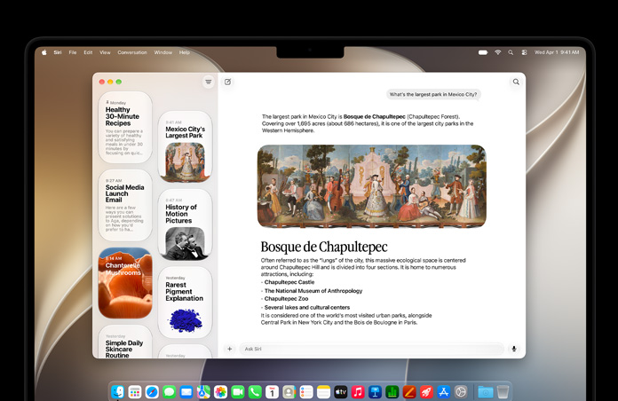 Egy 14 hüvelykes asztrofekete MacBook Pro kijelzőjén a Siri appban egy aktív Siri AI-beszélgetés mellett több korábbi beszélgetés is megjelenik az oldalsávon.
