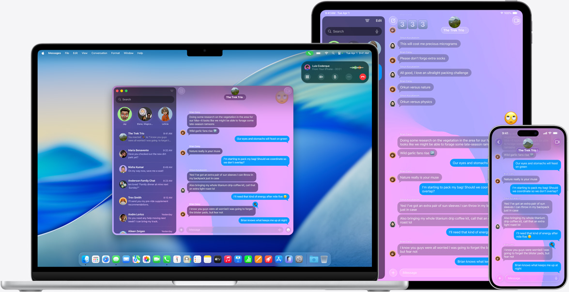 Produk Apple: MacBook Air 15 inci, iPad Pro 13 inci, dan iPhone 16 Plus, percakapan iMessage yang sama ditampilkan di setiap layar