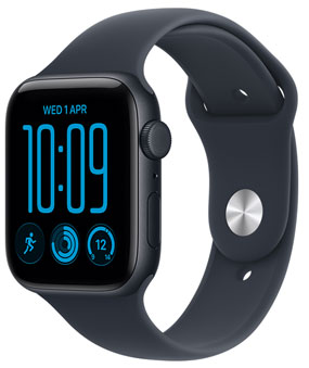 Apple Watch SE 3, aluminum case, midnight colour, right side exterior, Digital Crown, microphone, side button, Sport Band, black colour, pin-and-tuck closure (silver colour pin)