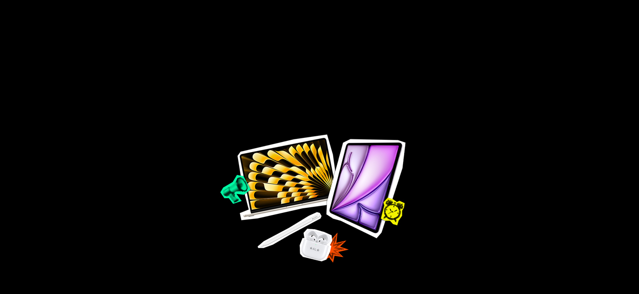MacBook, display showing a gold and black fan design on screen, green megaphone emoji sticker, iPad in purple, rectangular, with a colorful Apple logo in the center, yellow clock emoji sticker