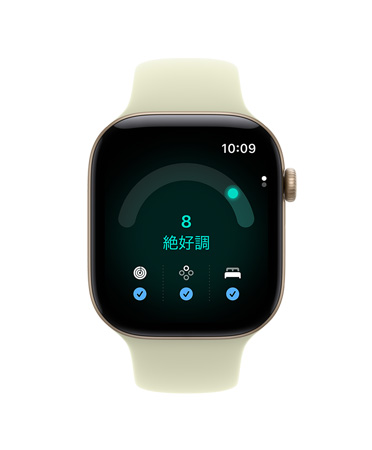 ライトゴールドアルミニウムケースのApple Watch Series 12。「8」という準備度スコアが表示された準備アプリが表示されている。ペールサキュレント(淡い黄緑)のスポーツバンド取りつけられている