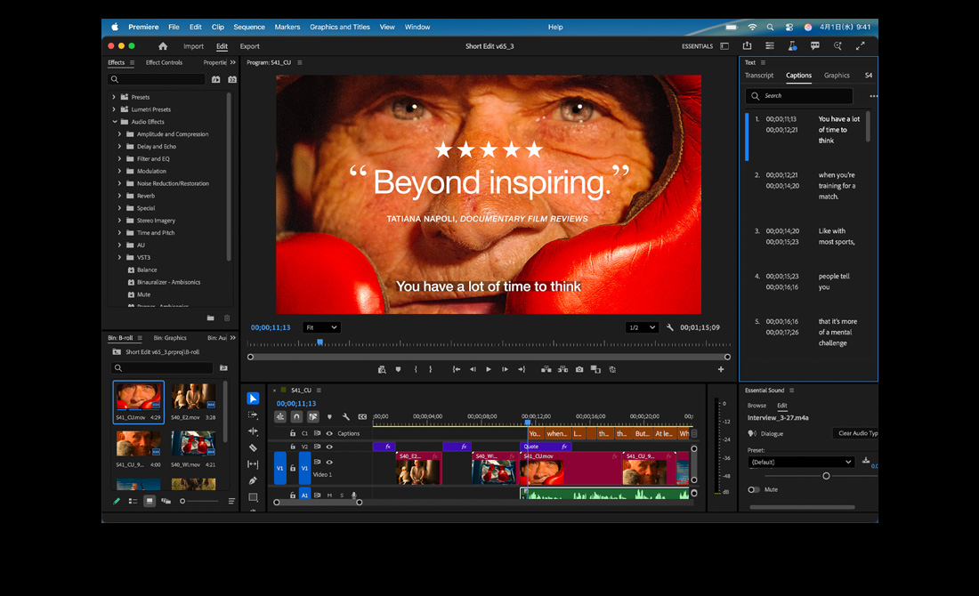 MacBook Proの画面にAdobe Premiereで「Eternal Play」という映画を編集している様子が表示されている