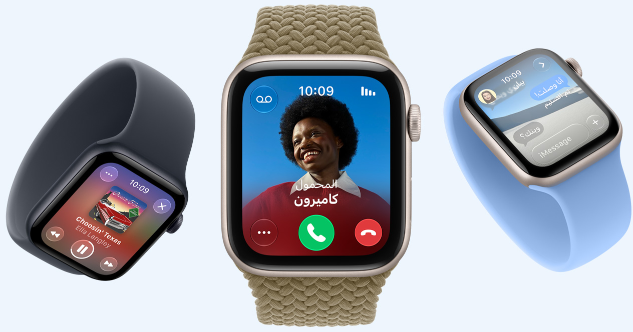 ساعات Apple&nbsp;Watch&nbsp;SE&nbsp;3، تعرض الشاشات Apple&nbsp;Music، مكالمة واردة، الرسائل، إطارات ألومنيوم، لون ضوء النجوم وسماء الليل، الأحزمة: حزام Loop أحادي، لون كحلي، وأزرق الأزهار البرية، حزام Loop أحادي مَجدول، لون زيتي (أخضر ترابي)