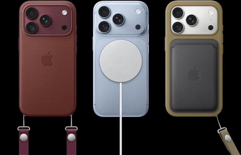由左至右：布根地紅色 iPhone 18 Pro 貼合至皮革護殼，並連接布根地紅色斜孭掛繩；中間的冰川色 iPhone 18 Pro 貼合白色 MagSafe 充電器；右邊的銀色 iPhone 18 Pro 貼合至綠色電話護殼、黑色皮革銀包護殼，並連接腕帶。