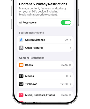 iPhone displaying content and privacy restrictions options for Child Account.
