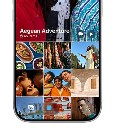 iPhone 17 Pro, Silver, front screen, grid of photos from holiday