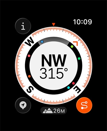 Funkcja Ślad pokazująca kompas, wysokość n.p.m. oraz zaznaczone punkty trasy
